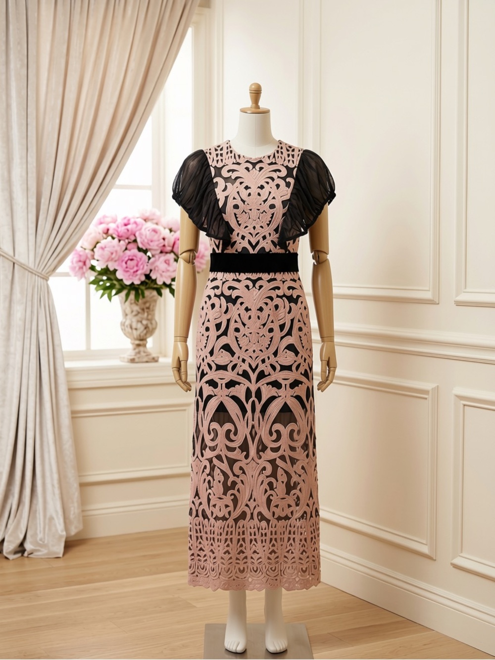 foxiedox Blush and Black Midi Dress with Black Sheer Sleeves